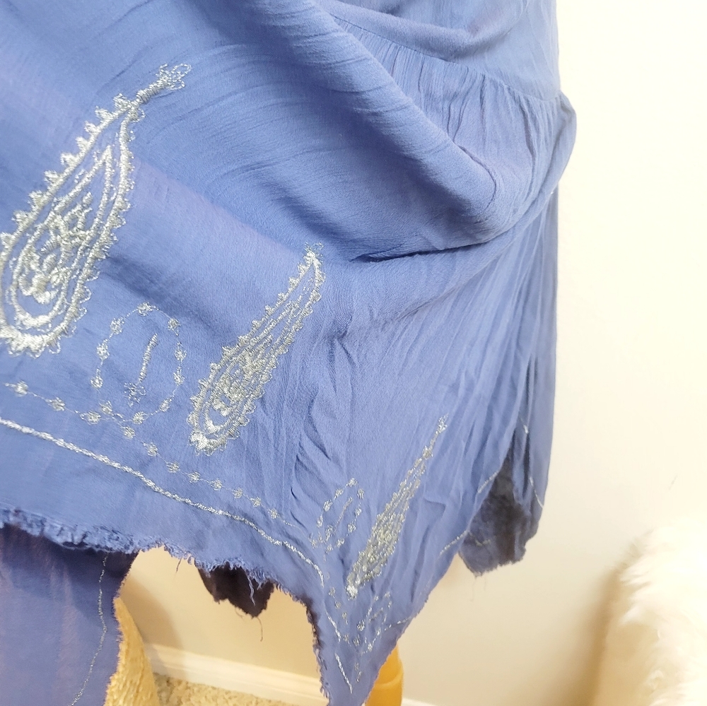FREE PEOPLE MEADOW MEDALLION SLIP HANDKERCHIEF BLUE & SILVER EMBROIDERY BOHEMIAN - Picture 12 of 14